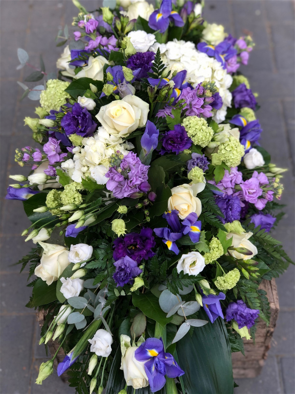 Casket Sprays | Funeral Flowers | Purple & Cream Coffin Spray