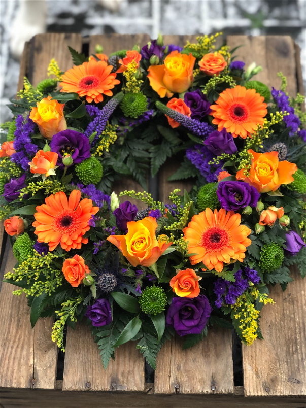 Funeral Flowers | Funeral Wreaths | Vibrant Orange & Purple Wreath