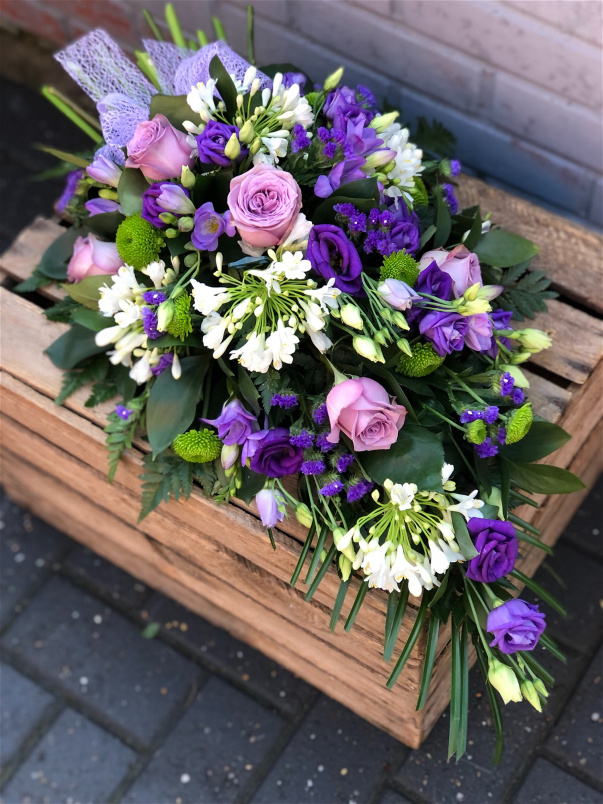 Funeral Flowers | Teardrop Sprays | Purple Sheaf Style Arrangement