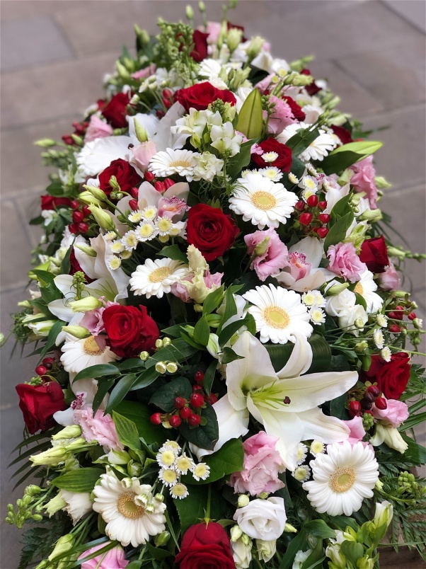 Casket Sprays | Funeral Flowers | Red & Pink Coffin Spray