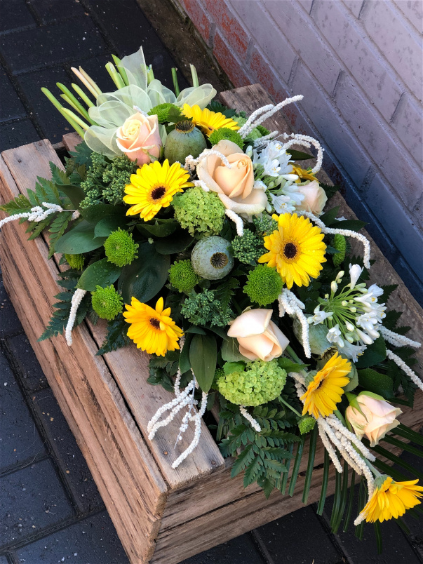 Funeral Flowers | Teardrop Sprays | Peach & Lemon Teardrop Spray
