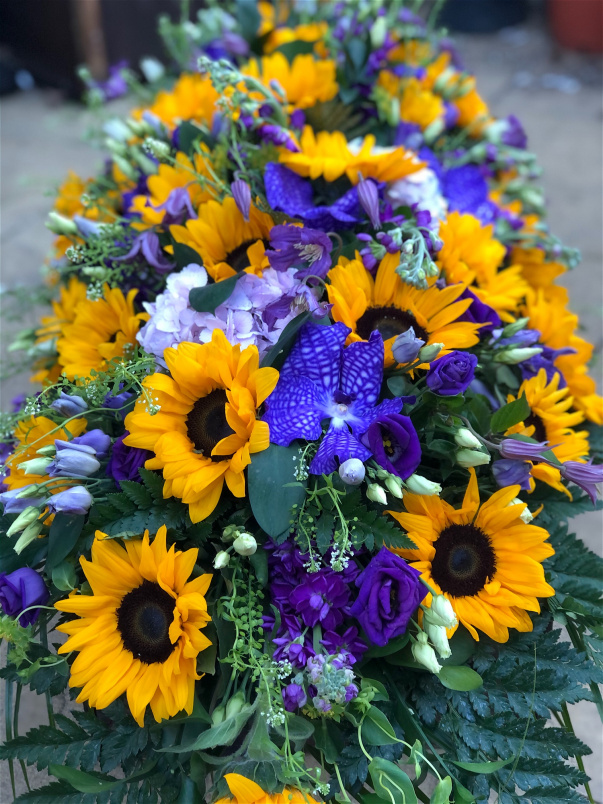Casket Sprays | Funeral Flowers | Sunflower & Purple Casket Spray