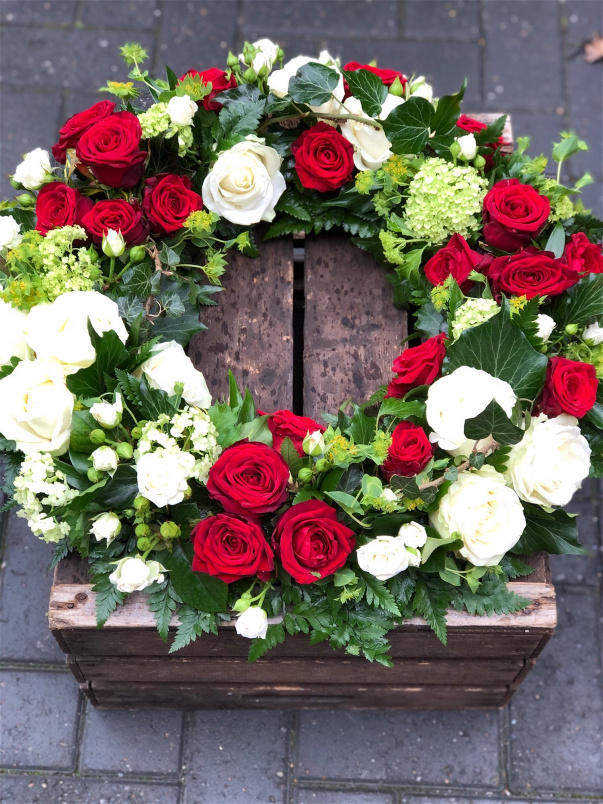 Funeral Flowers | Funeral Wreaths | Red & White Rustic Rose Wreath