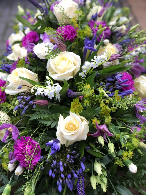 Casket Sprays | Funeral Flowers | Cream Rose & Iris Casket Spray