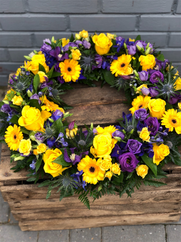 Funeral Flowers | Funeral Wreaths | Purple & Lemon Wreath