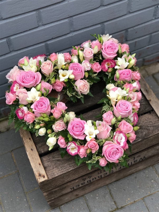 Children?s Funeral Tributes | Funeral Flowers | Funeral Hearts | Petite Pink Rose & Freesia Open Heart