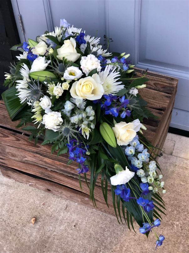 Funeral Flowers | Teardrop Sprays | Blue & White Teardrop Spray